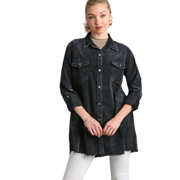 Umgee Ash Black Mineral Washed Corduroy Shacket with Raw Edge Hem - Picture 1 of 4